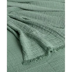 Couvre lit à franges "Brehat" Gaze de Coton stonewashed Toison d'or - Brehat Lichen - 230 x 250 cm