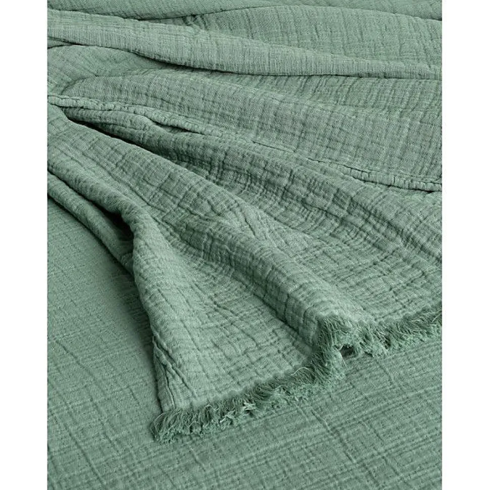 Couvre lit à franges "Brehat" Gaze de Coton stonewashed Toison d'or - Brehat Lichen - 230 x 250 cm