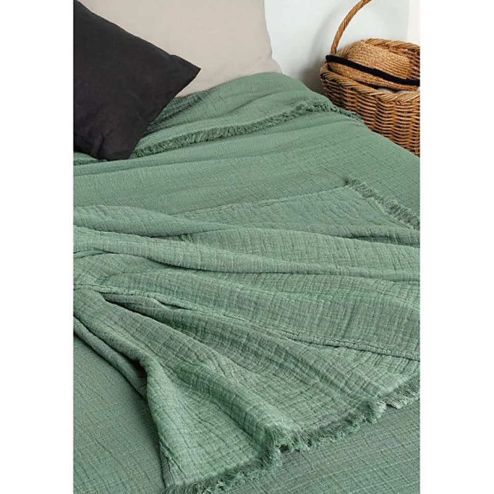 Couvre lit à franges "Brehat" Gaze de Coton stonewashed Toison d'or - Brehat Lichen - 230 x 250 cm