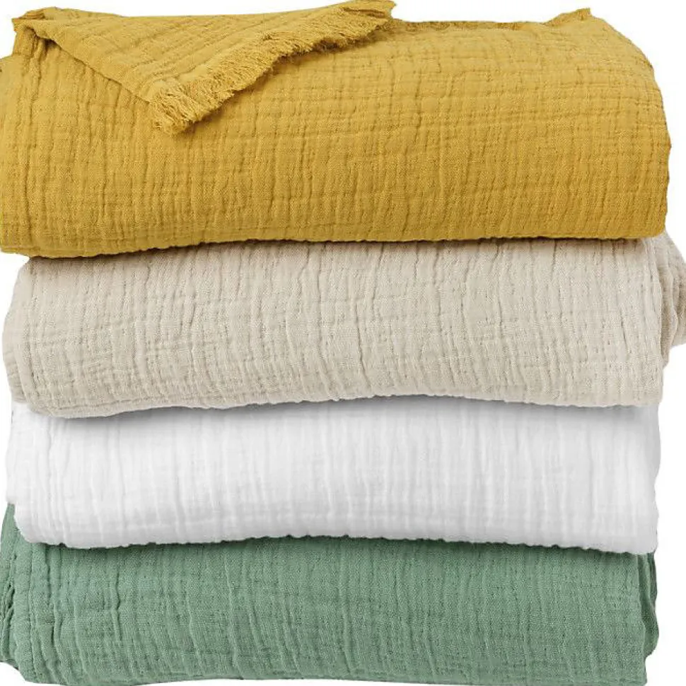 Couvre lit à franges "Brehat" Gaze de Coton stonewashed Toison d'or - Brehat Lichen - 230 x 250 cm