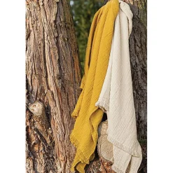 Couvre lit à franges "Brehat" Gaze de Coton stonewashed Toison d'or - Brehat Galet - 230 x 250 cm