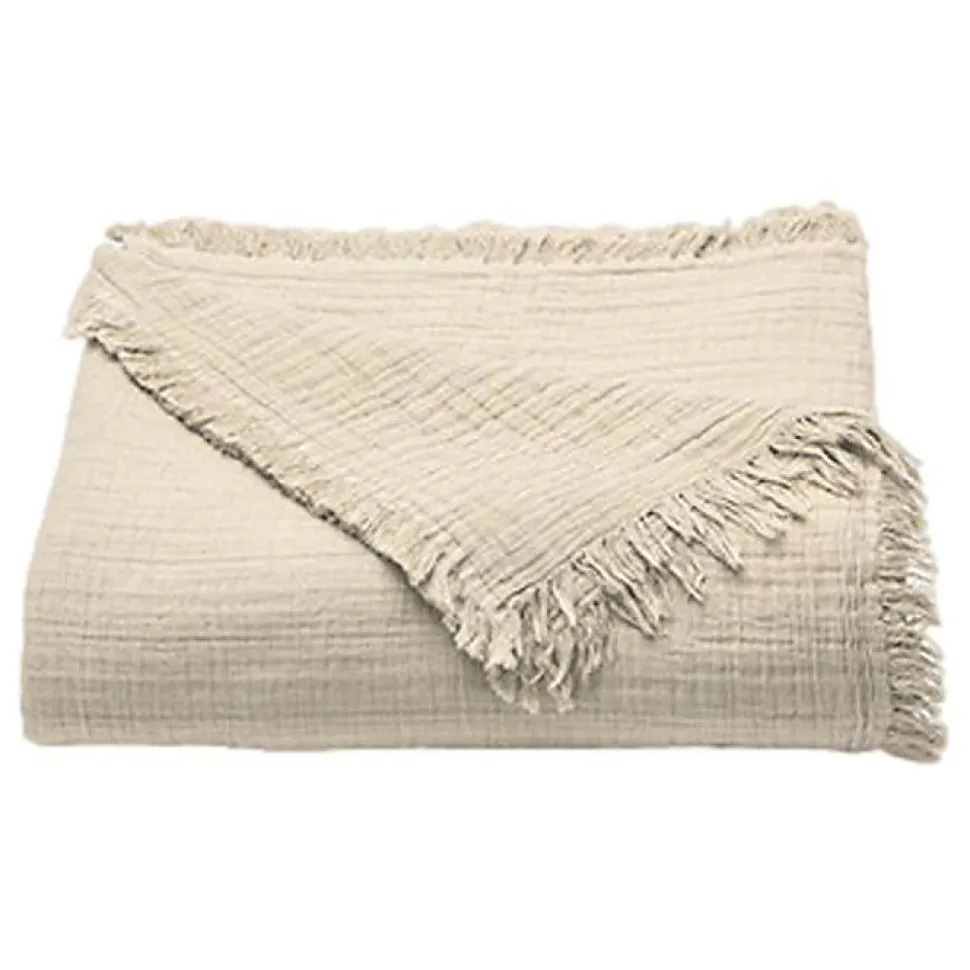 Couvre lit à franges "Brehat" Gaze de Coton stonewashed Toison d'or - Brehat Galet - 230 x 250 cm