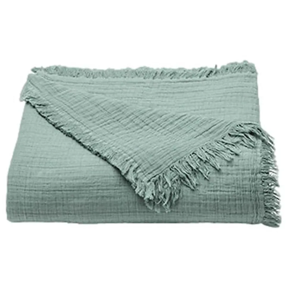 Couvre lit à franges "Brehat" Gaze de Coton stonewashed Toison d'or - Brehat Lichen - 180 x 250 cm