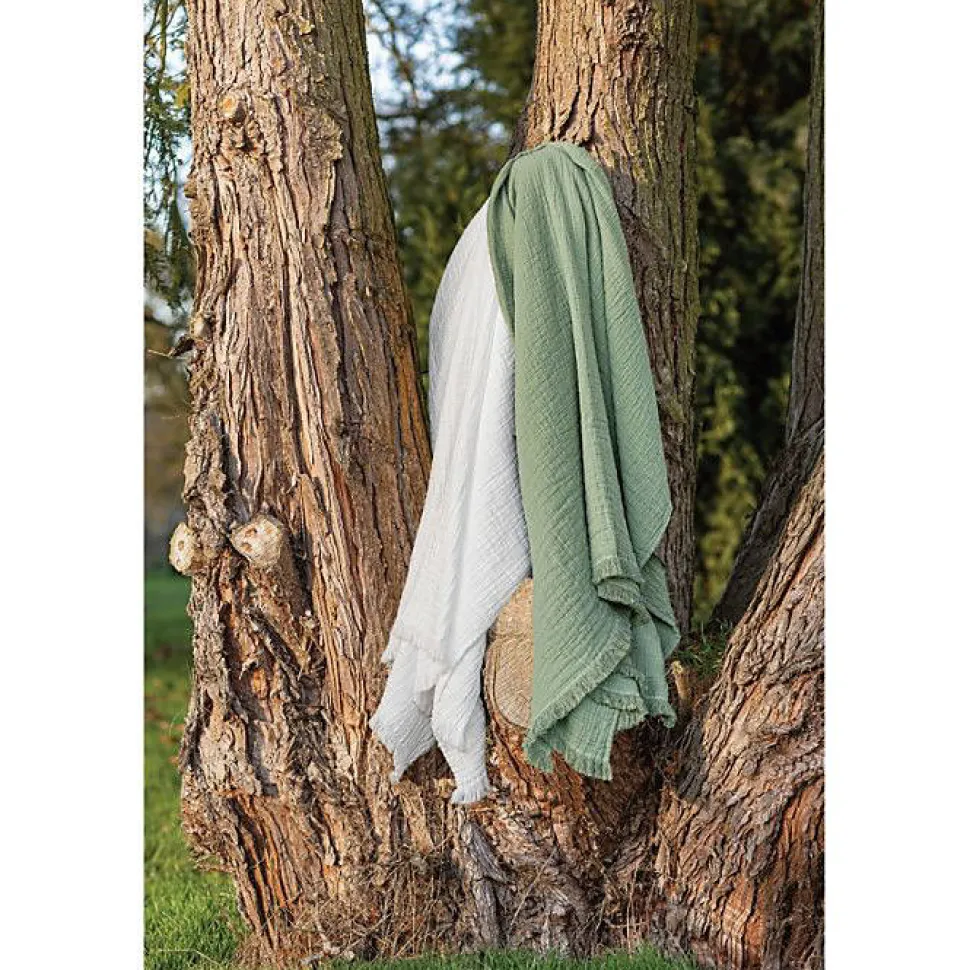 Couvre lit à franges "Brehat" Gaze de Coton stonewashed Toison d'or - Brehat Lichen - 180 x 250 cm