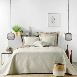 Couvre lit 2p mat.+2 hc 60x60 220 x 240 cm microfibre unie romane Naturel