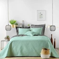 Couvre lit 2p mat.+2 hc 60x60 220 x 240 cm microfibre unie romane Sauge