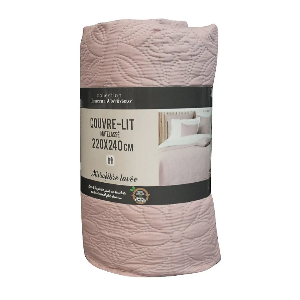 Couvre-lit 2 personnes matelassé 220x240 microfibre uni Florette rose