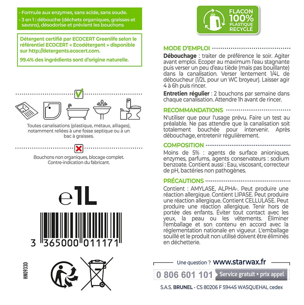 Déboucheur 3 en 1 aux enzymes SoluVert Starwax 1L