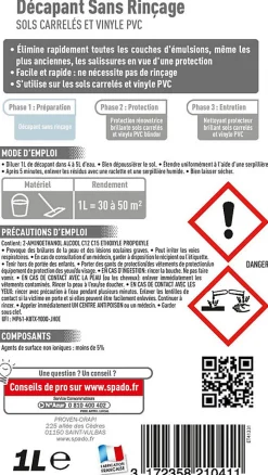 Décapant sans rinçage sols carrelés et vinyle pvc Spado 1L