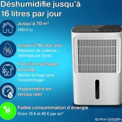 Deshumidificateur - Dry Pro Plus - Blanc - Déshumidifie jusqu'à 16 litres par jour