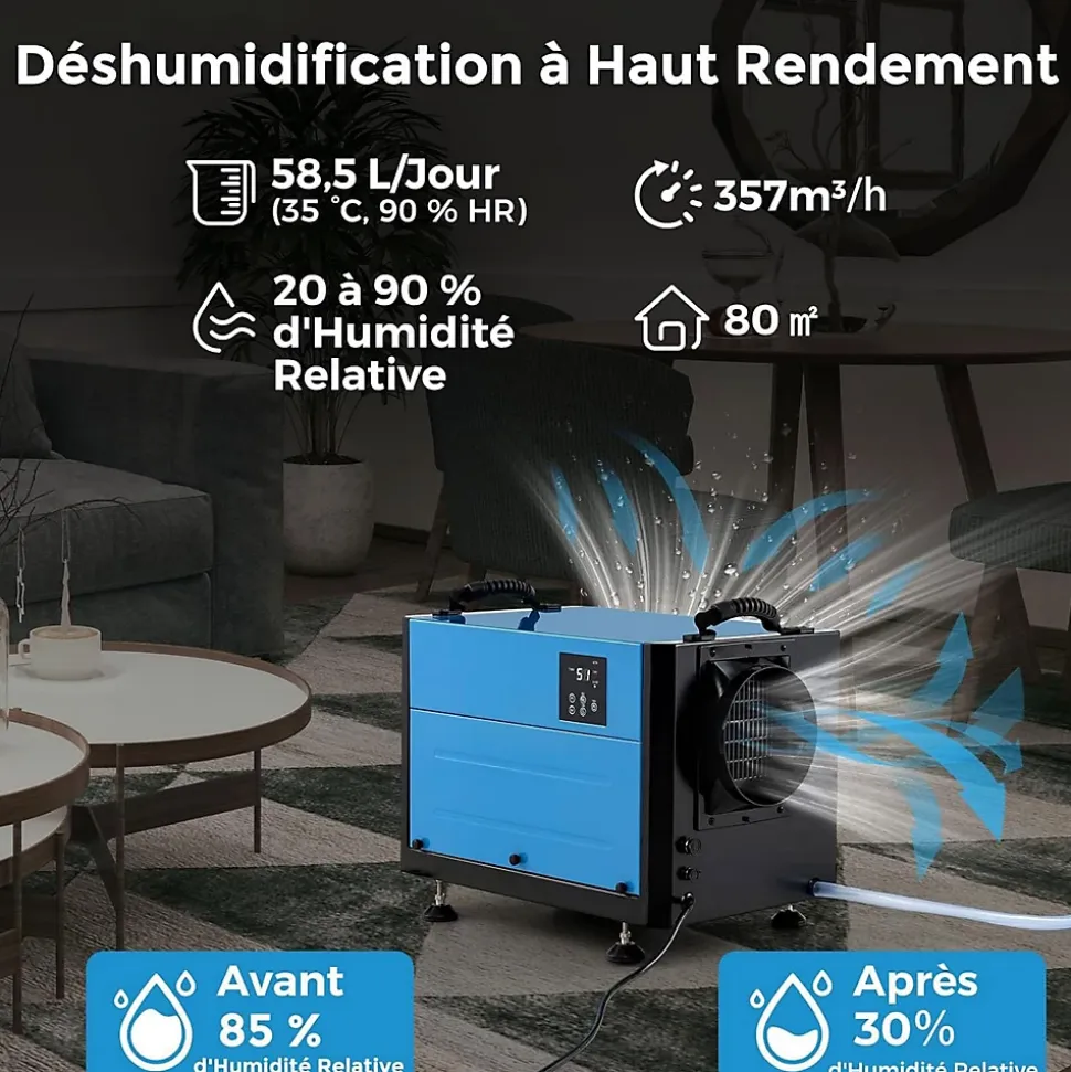 Deshumidificateur d Air Industriel 58,5L/Jour, Panneau de Contrôle, 20%-90% Humidité, 2 Méthodes Drainage Bleu
