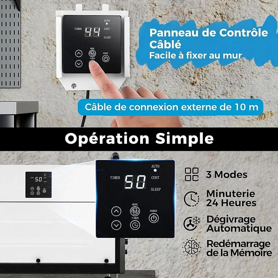 Deshumidificateur d Air Industriel 73,5L/Jour, Panneau de Contrôle, 20%-90% Humidité, 2 Méthodes Drainage Blanc