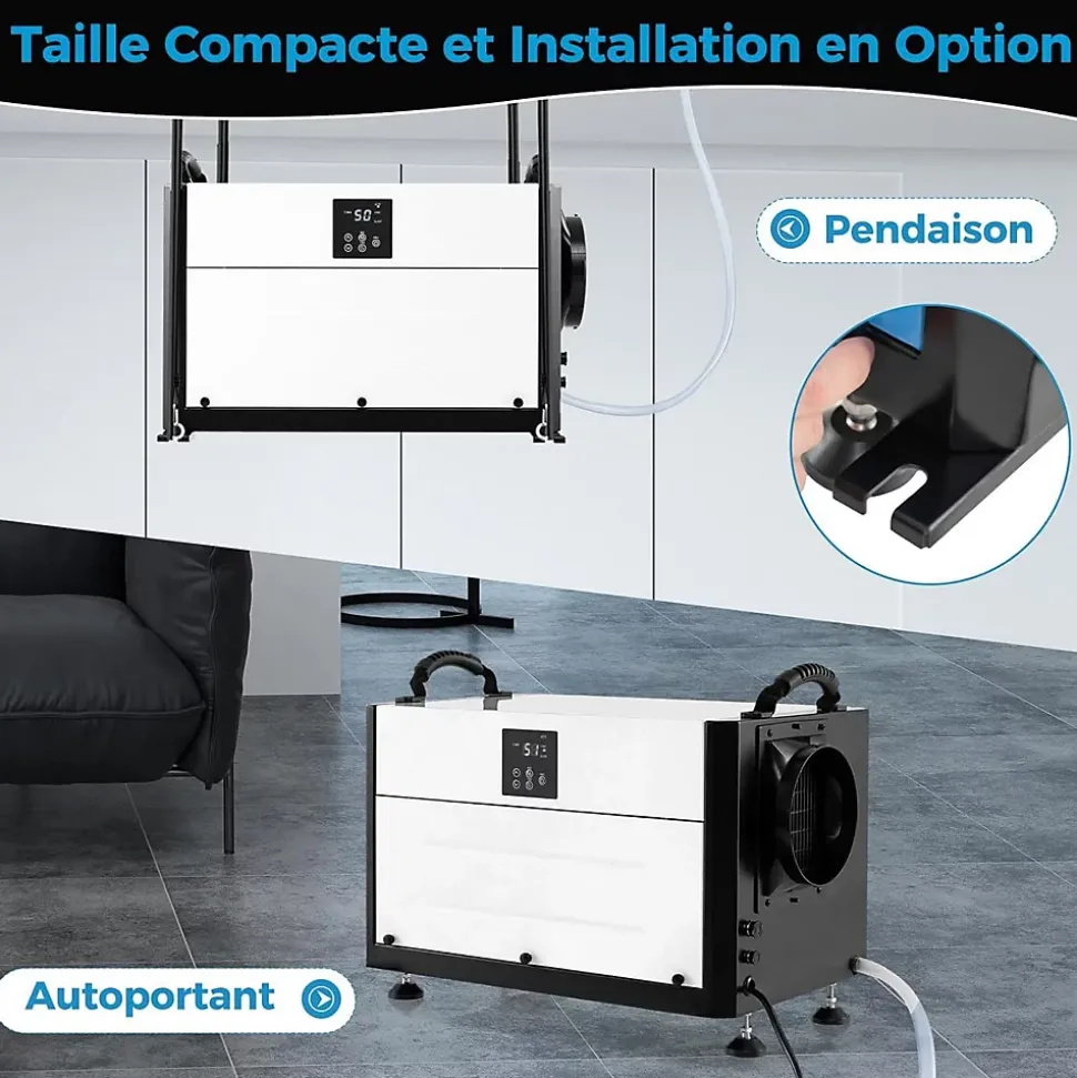 Deshumidificateur d Air Industriel 73,5L/Jour, Panneau de Contrôle, 20%-90% Humidité, 2 Méthodes Drainage Blanc