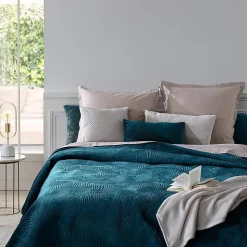 Dessus de lit Feuille - velours - bleu canard 240x260 cm - Atmosphera