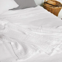 Dessus de lit frange 270x250 cm BREHAT 100% gaze de coton blanc