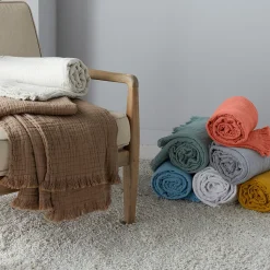 Dessus de lit frange 270x250 cm BREHAT 100% gaze de coton blanc