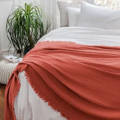 Dessus de lit 180x250 cm BREHAT 100% gaze de coton orange corail