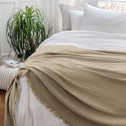 Dessus de lit 230x250 cm BREHAT 100% gaze de coton marron galet