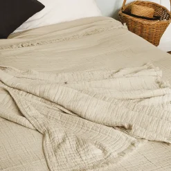 Dessus de lit 230x250 cm BREHAT 100% gaze de coton marron galet