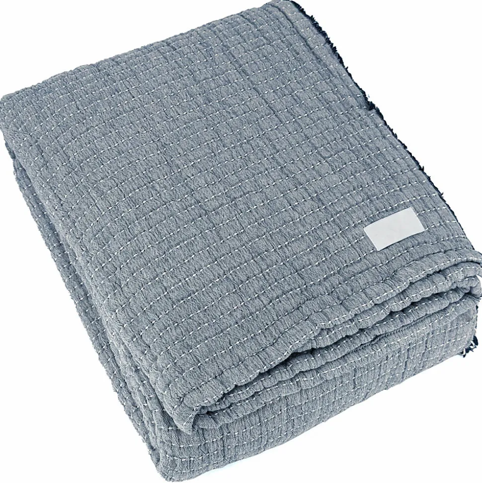 Dessus de lit 230x250 cm en coton lavé SEVILLE bleu abysse