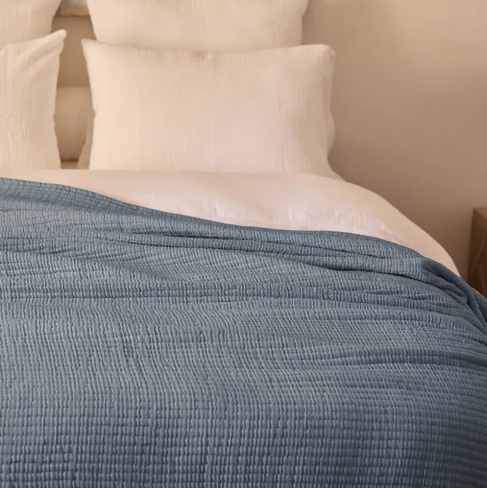 Dessus de lit 230x250 cm en coton lavé SEVILLE bleu abysse