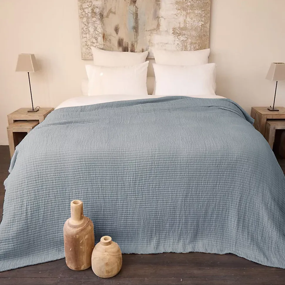 Dessus de lit 230x250 cm en coton lavé SEVILLE bleu abysse