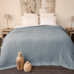 Dessus de lit 270x250 cm en coton lavé SEVILLE bleu abysse