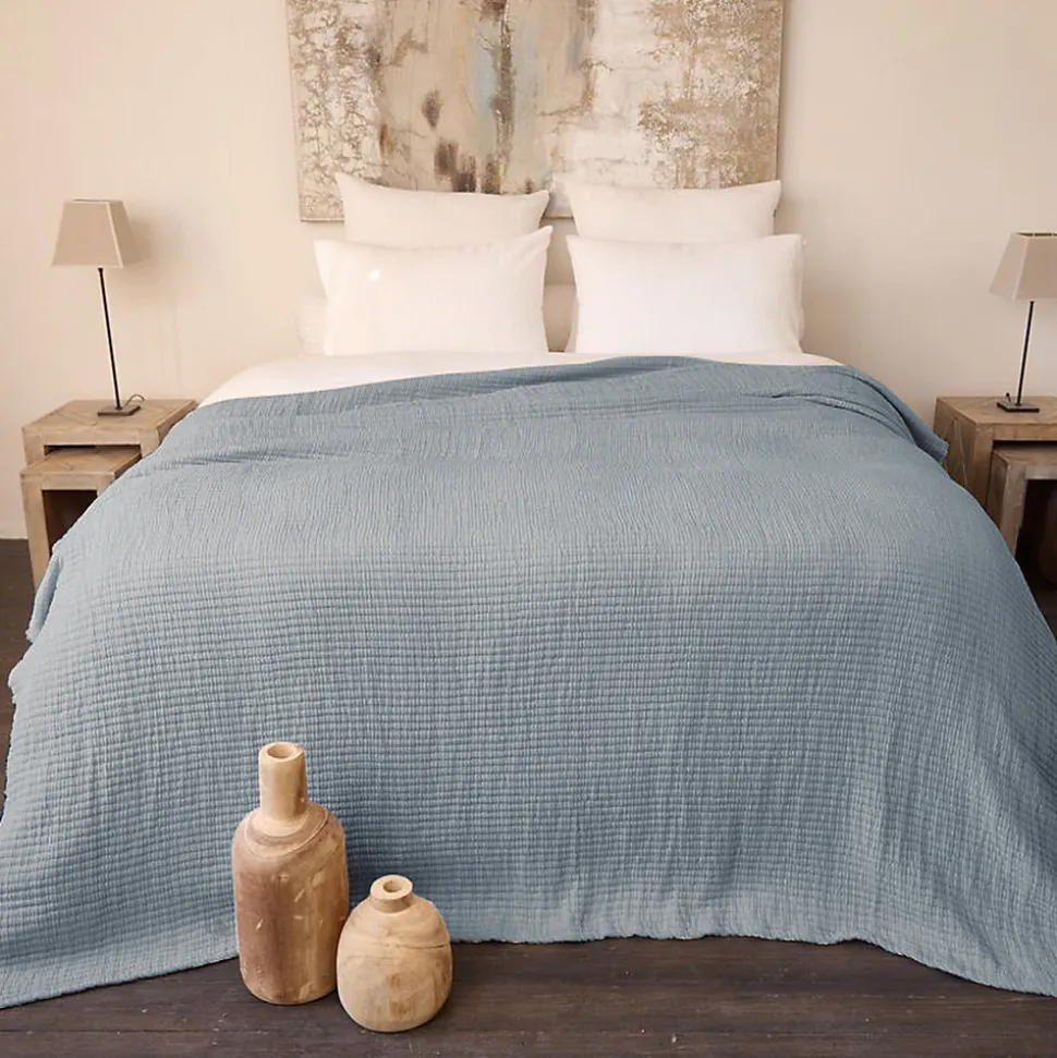 Dessus de lit 270x250 cm en coton lavé SEVILLE bleu abysse