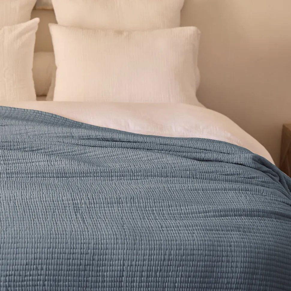 Dessus de lit 270x250 cm en coton lavé SEVILLE bleu abysse