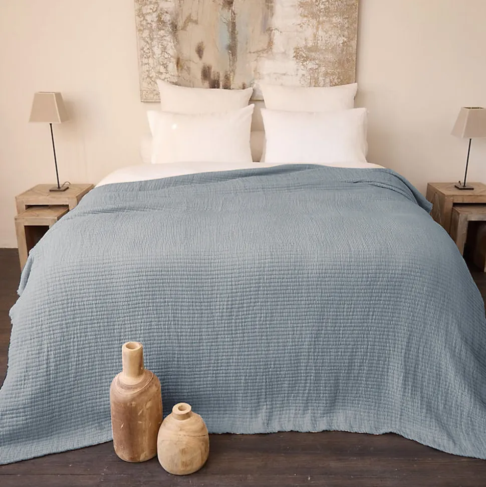 Dessus de lit 180x250 cm en coton lavé SEVILLE bleu abysse