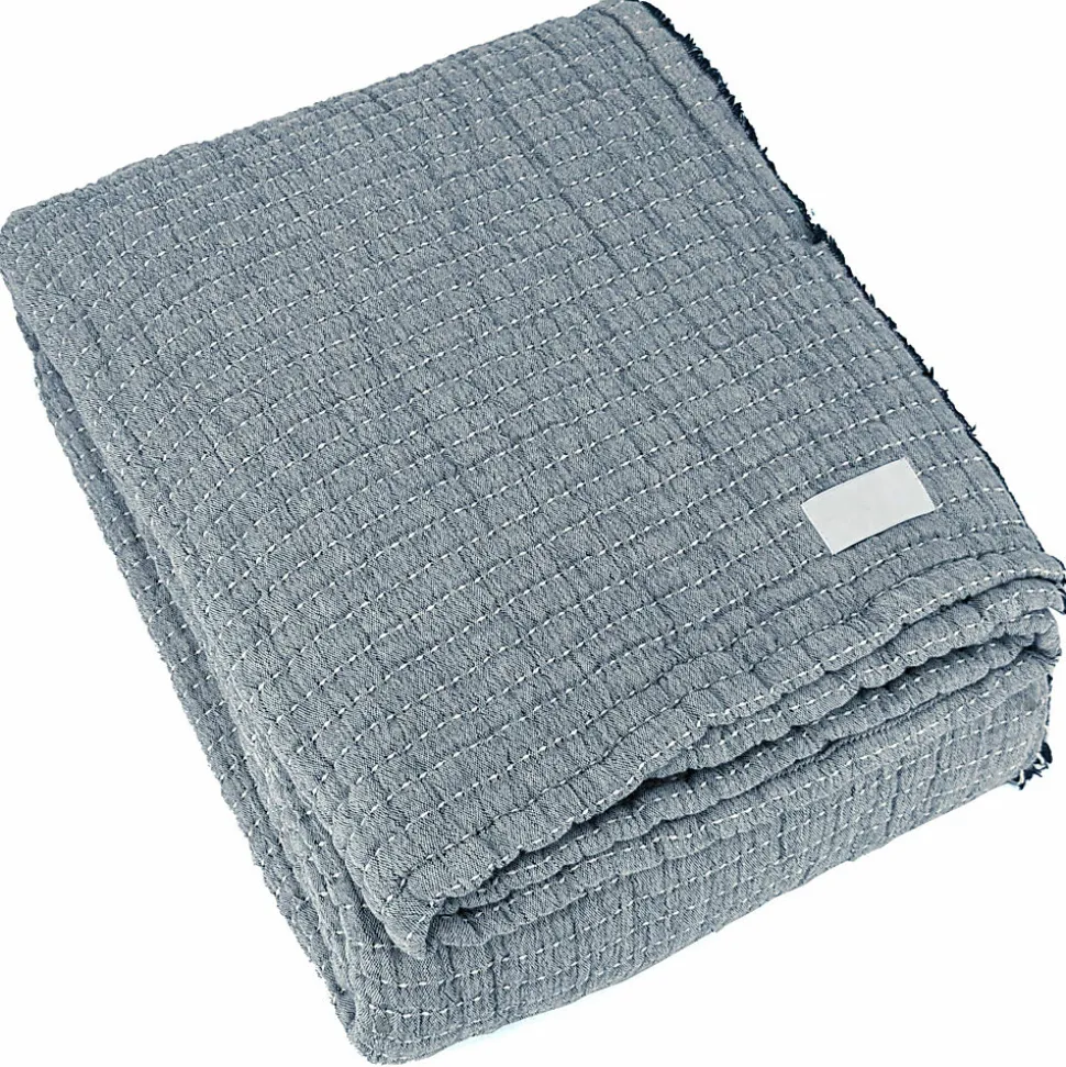 Dessus de lit 180x250 cm en coton lavé SEVILLE bleu abysse