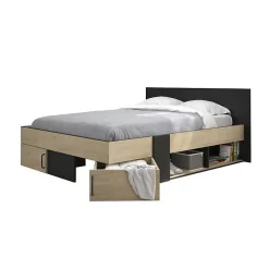 DIAGONE Lit adulte avec tiroirs de rangement - Chataignier et noir - 160 x 200 - SWIVEL