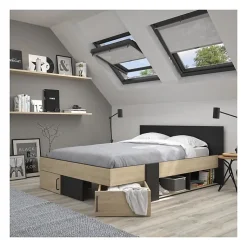 DIAGONE Lit adulte avec tiroirs de rangement - Chataignier et noir - 160 x 200 - SWIVEL