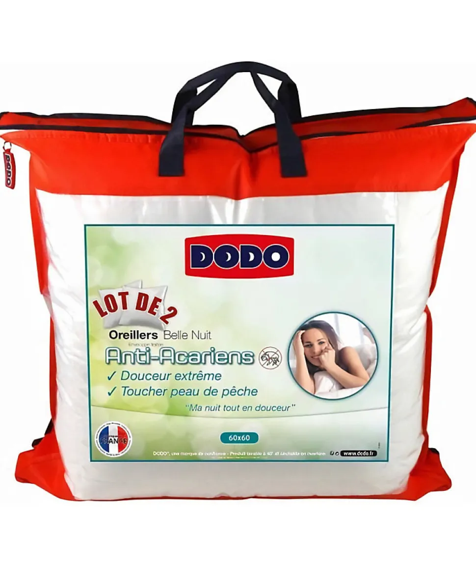 DODO Lot de 2 Oreillers Anti-Acariens Belle Nuit 60x60 cm blanc
