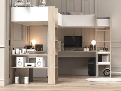 Double lit mezzanine d'angle 2 x 90 x 200 cm - Avec rangements et bureaux - Blanc et naturel - LASCANO