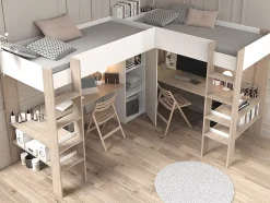 Double lit mezzanine d'angle 2 x 90 x 200 cm - Avec rangements et bureaux - Blanc et naturel - LASCANO