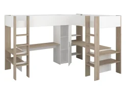 Double lit mezzanine d'angle 2 x 90 x 200 cm - Avec rangements et bureaux - Blanc et naturel - LASCANO
