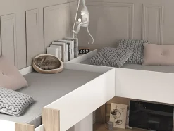 Double lit mezzanine d'angle 2 x 90 x 200 cm - Avec rangements et bureaux - Blanc et naturel - LASCANO