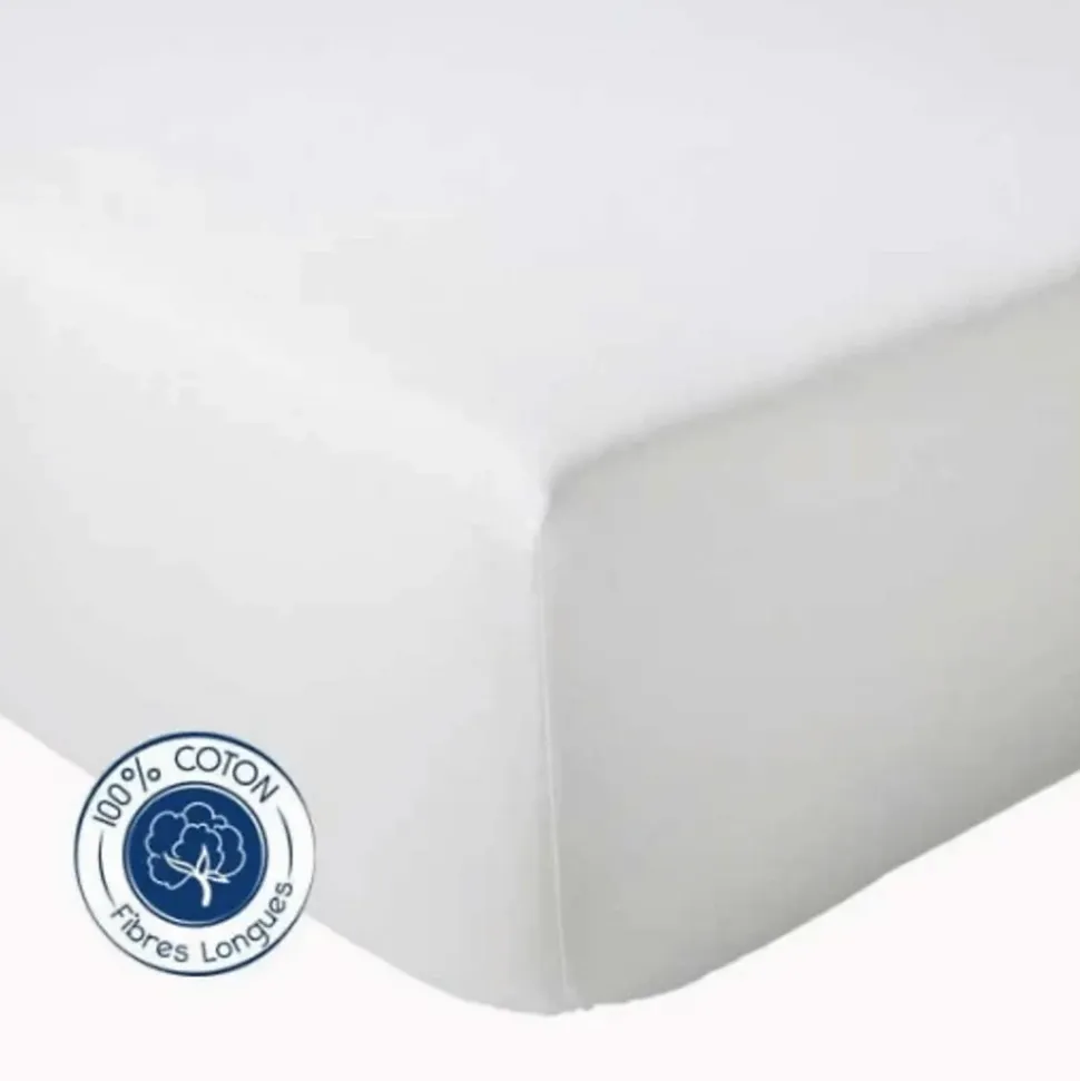 Drap Housse coton bonnet 23 cm fabriqué en France (140x190 cm - Blanc)