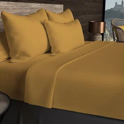 Drap housse en coton 57 fils 90x190 cm UNI moutarde, par Soleil d'ocre
