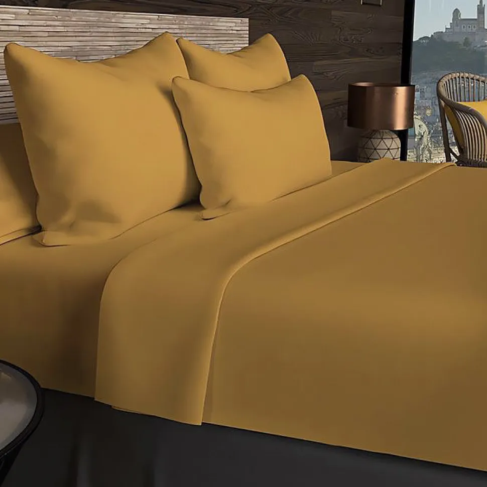 Drap housse en coton 57 fils 90x190 cm UNI moutarde, par Soleil d'ocre