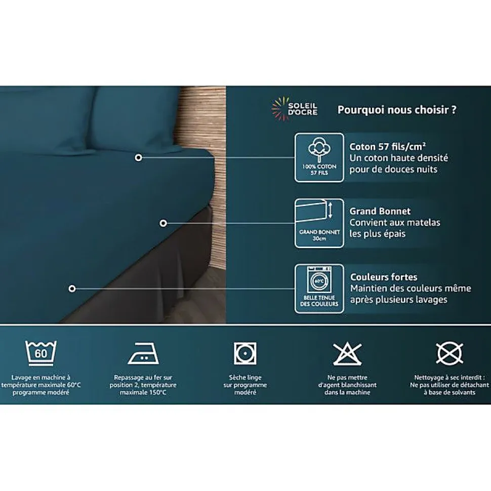 Drap housse en coton 57 fils 90x190 cm UNI moutarde, par Soleil d'ocre