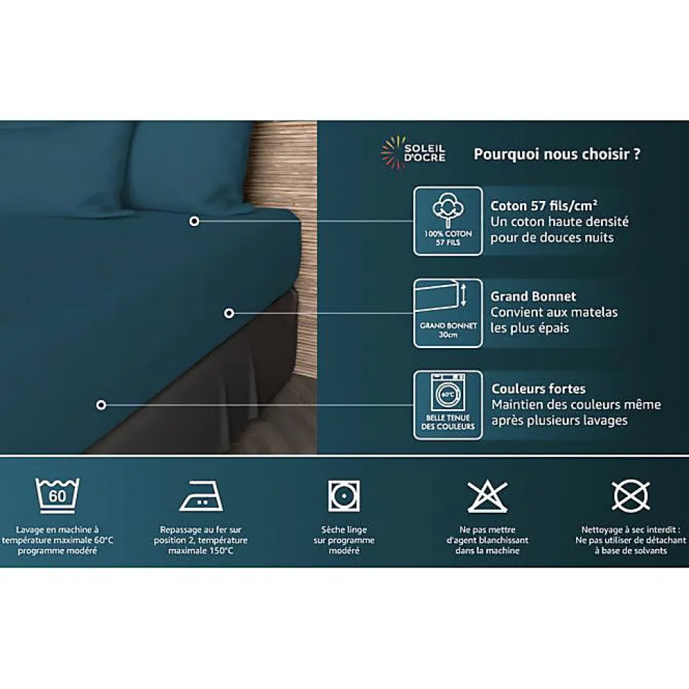 Drap housse en coton 57 fils 90x190 cm UNI lin, par Soleil d'ocre