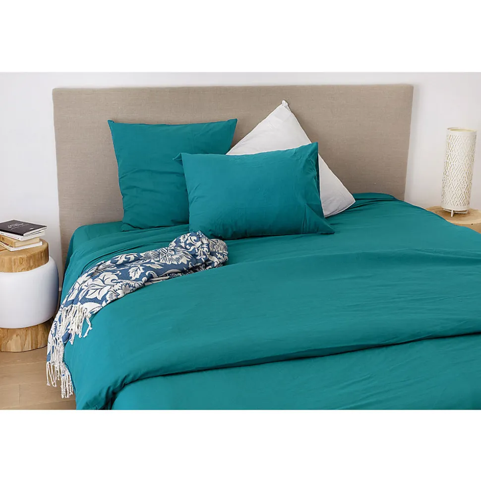 Drap housse en coton Lavé (160x200 cm - Bleu Paon)