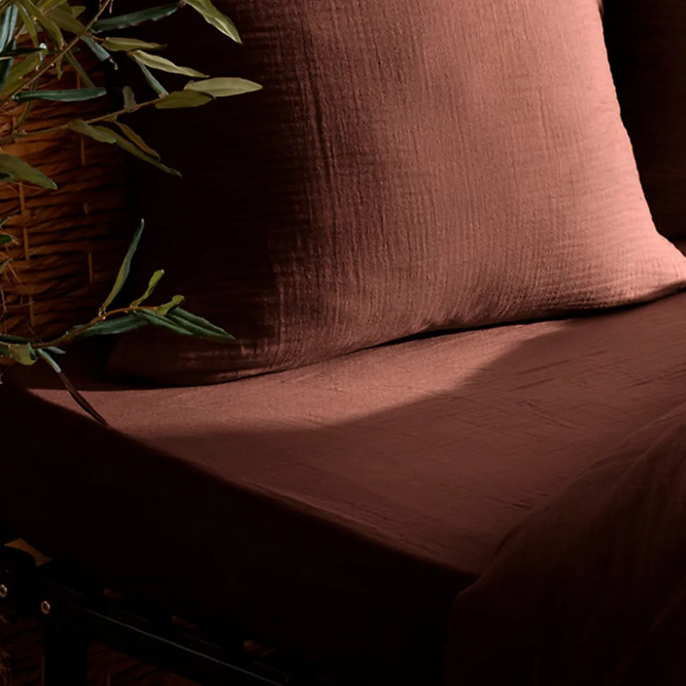 Drap housse Flora gaze de coton marron 140x190cm - Atmosphera