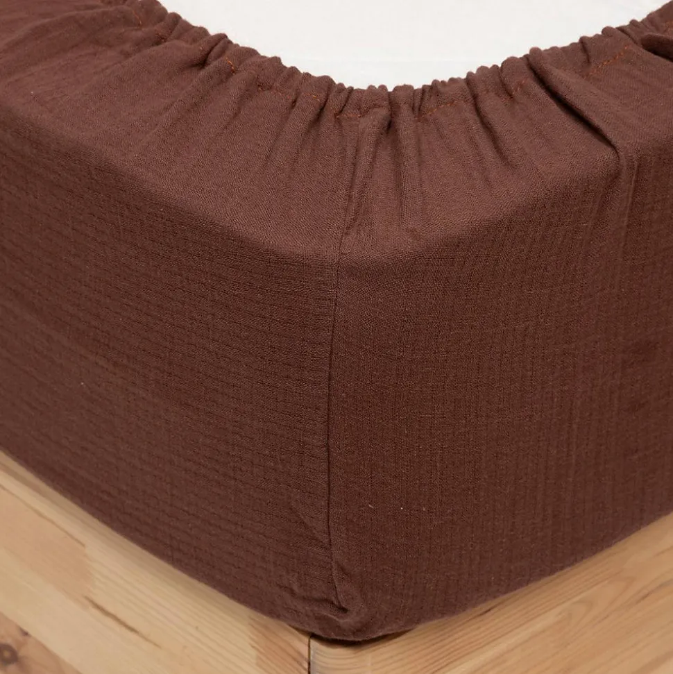 Drap housse Flora gaze de coton marron 140x190cm - Atmosphera
