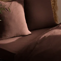 Drap housse Flora gaze de coton marron 140x190cm - Atmosphera