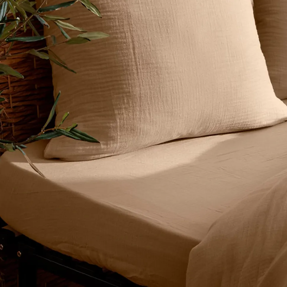 Drap housse Flora gaze de coton lin 160x200cm - Atmosphera