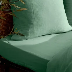 Drap housse Flora gaze de coton vert céladon 140x190cm - Atmosphera