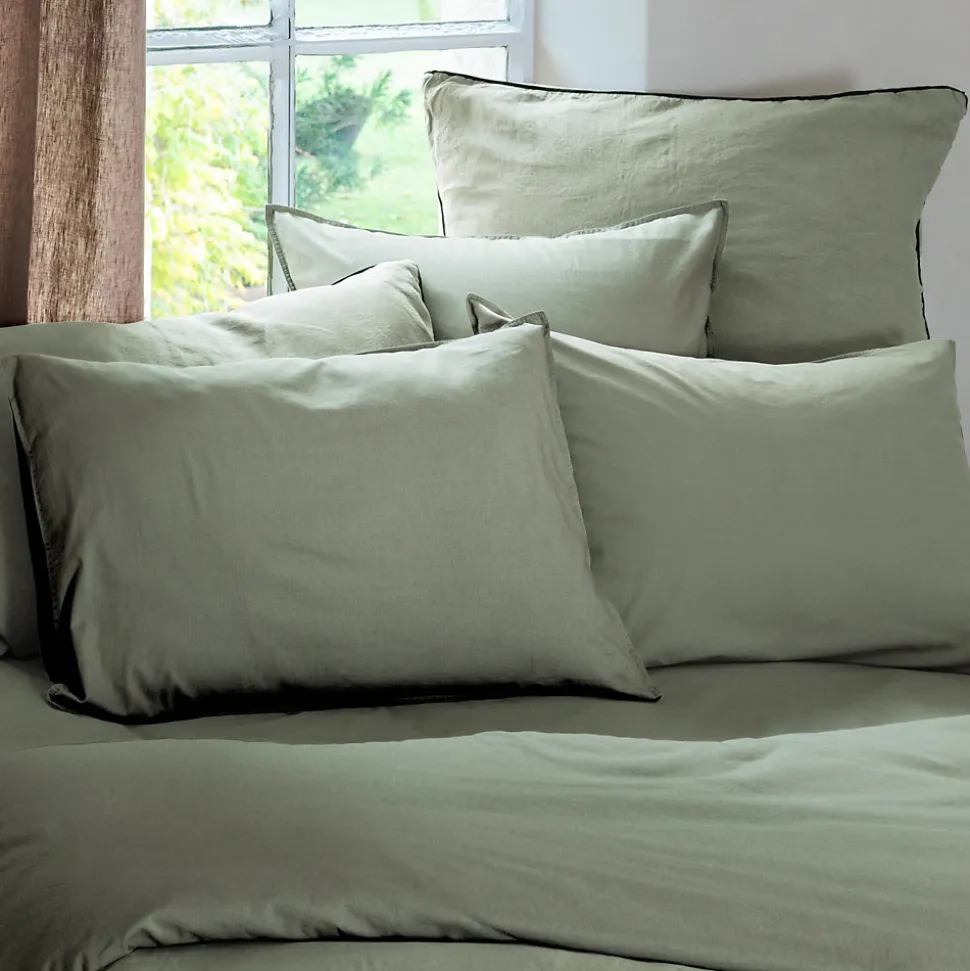 Drap housse PALACE pur coton lavé 140x190 cm bonnet 35 cm uni vert sauge